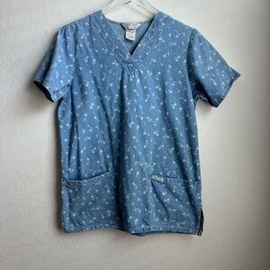 Vintage Scrubs Cherokee Chambray Denim Floral V Neck Small